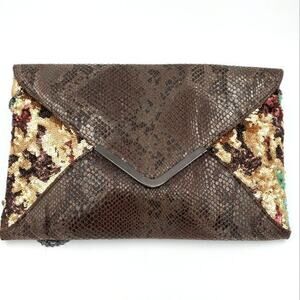 Big Buddha Vegan Clutch Bag Snake Sequin Brown Gold Chain Strap Cocktail Neutral